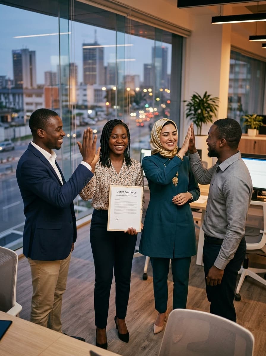 Équipe d'agence souriante, libérée des relances manuelles