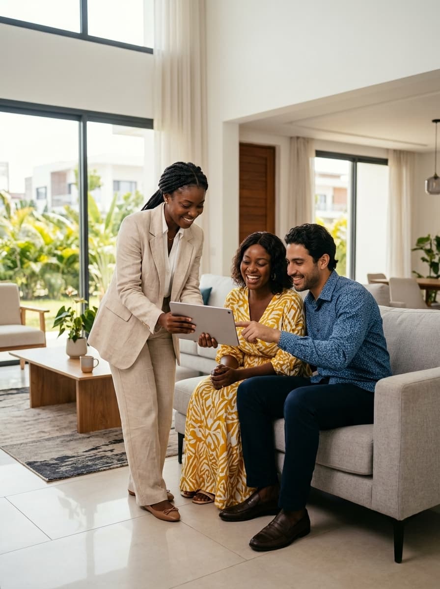 Agente immobilière présentant un bien sur tablette à un couple d'acheteurs