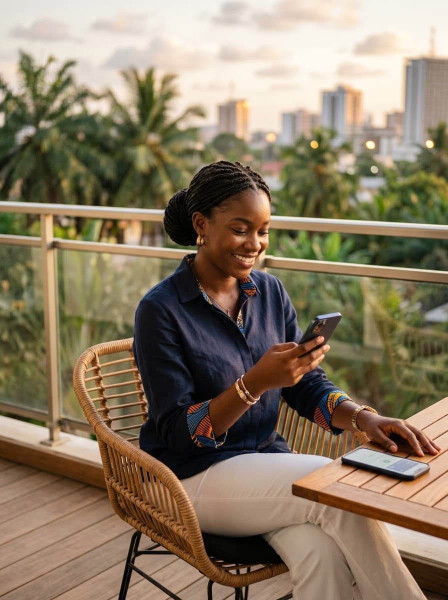Jeune femme souriante réglant son loyer sur smartphone, sur un balcon d'Abidjan