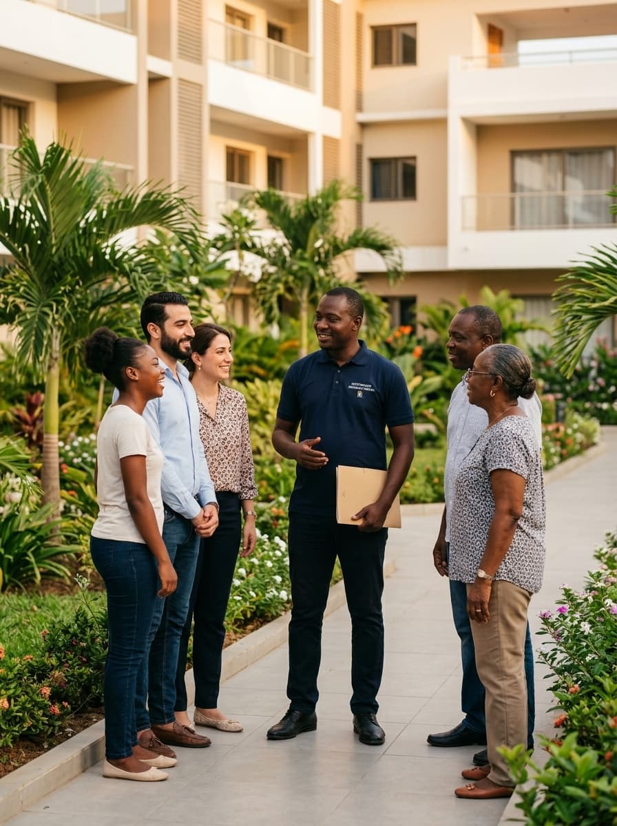 Gestionnaire de copropriété échangeant avec des résidents devant leur immeuble