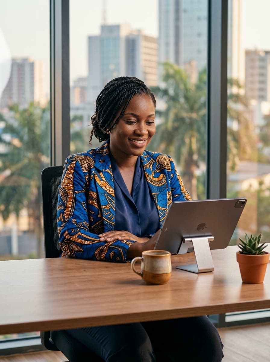 Femme d'affaires souriante consultant l'application sur tablette à son bureau